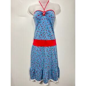 VTG Y2K Soundgirl Cherry Print Pinup Halter Dress Sz M Blue Retro Rockability